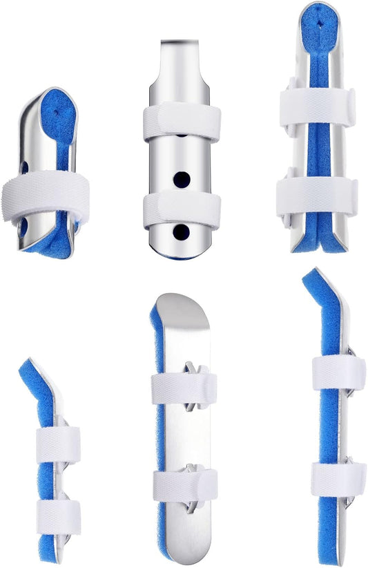 6 Pcs Finger Splint Metal Support Finger Brace Arthritis Knuckle Immobilization with Soft Foam Inner Band and Protective Vent for Adults and Children, 2 Styles, Different Sizes(Blue)
