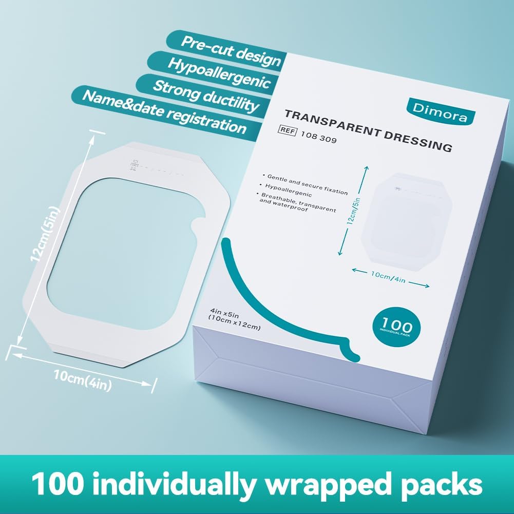 Dimora Waterproof Transparent Film Dressing, Clear Bandage Tape for Wound Care, Adhesive Post Surgical Cover Pad，for IV Shield, Tattoo Aftercare, Shower Protector 4x4 3/4 inch 100 Packs
