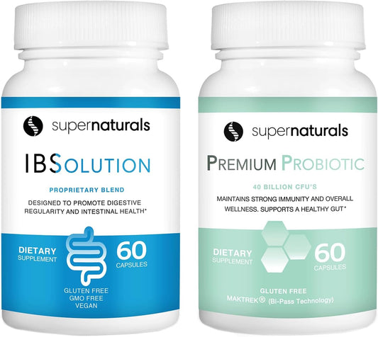 IBSolution Gut Health Bundle - All Natural Gut Health Support & Premium Probiotics w/ 40 Billion CFU for Support of Irregular Bowels, Bloating, Constipation, Gas, Abdominal Pain - 2 Pack (120 Caps)
