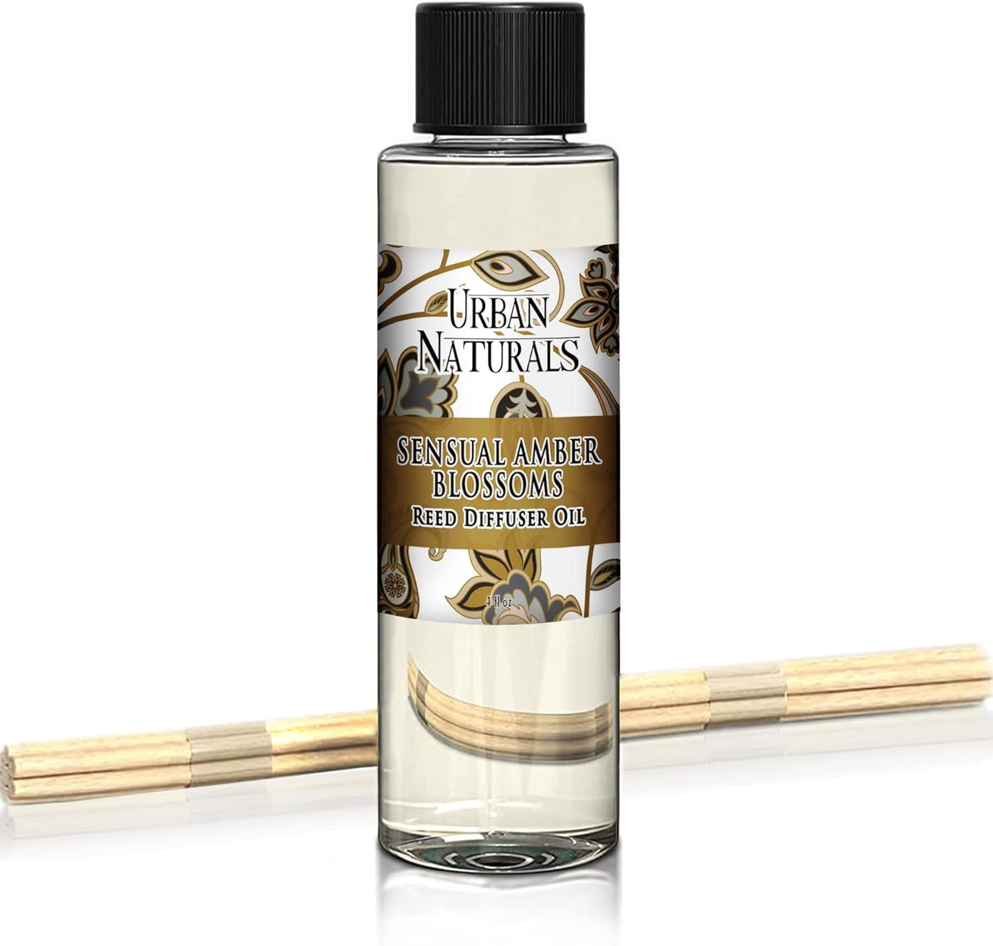 Urban Naturals Reed Diffuser Oil Refill, Sensual Amber Blossoms Fragrance Oil with Jasmine, Amber, Vanilla, 4 oz + Free Reed Sticks, Made in The USA