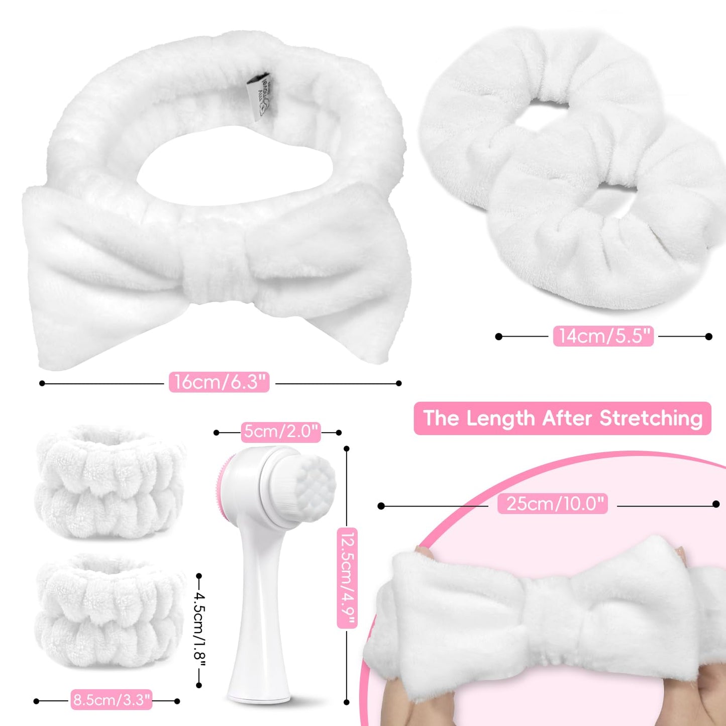 Spa Headband for Washing Face, Skincare headband and wristband set, Facial Cleansing Brush, 2-in-1 Skin Care face Brush, Come with a Hair Scrunchie, For Massaging Makeup Skincare-White