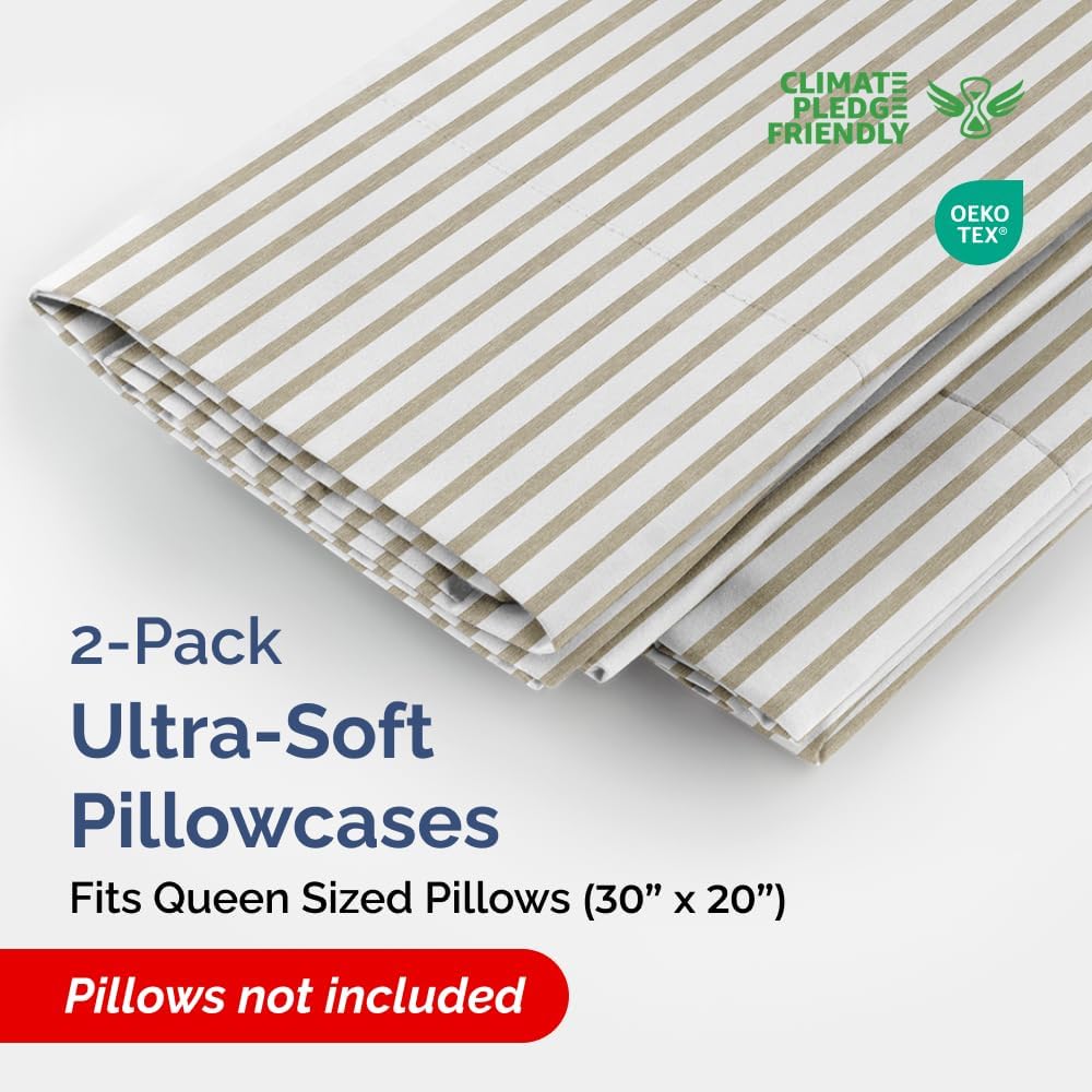 Queen Pillow Cases Set of 2 - Ultra Soft Hotel Quality Pillowcase Covers - Comfy, Cozy & Wrinkle Free - Shrinkage & Fade Resistant - Machine Washable Pillow Protectors - 2 Piece Set - Beige Stripes 2