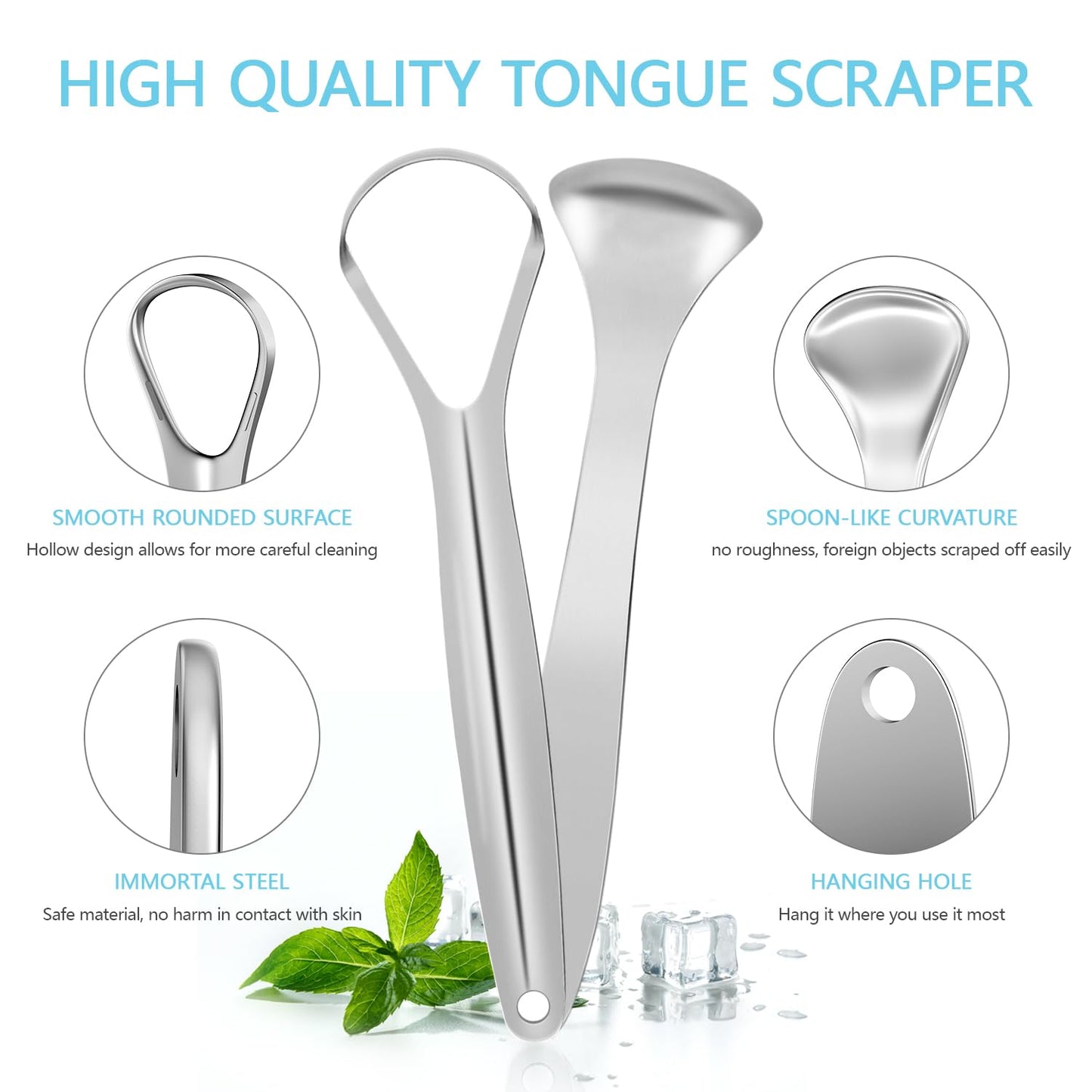 MORGLES Metal Tongue Scraper, 4 Pcs Tongue Cleaners with Case for Adults