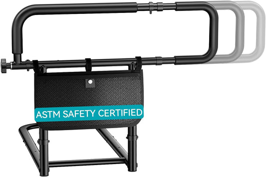 FORTEMOTUS Bed Rails for Elderly Adults Safety with Foldable & Retractable Grab Bar Handrails, ASTM Bedside Rail with Adjustable Height, Storage Pocket & Safety Strap