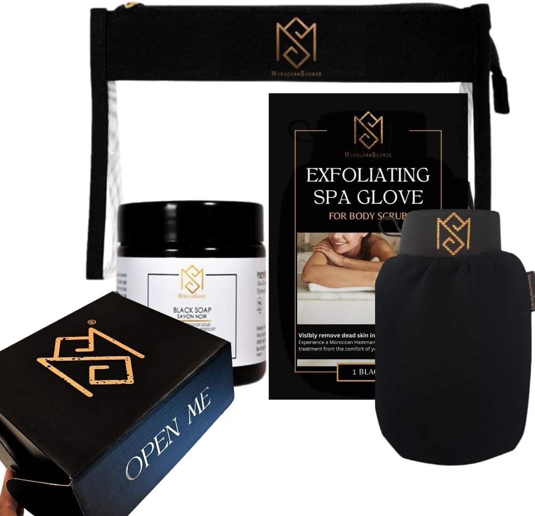 Exfoliating Glove Kessa Mitt Body Scrubber - Dead Skin Remover Shower Glove for Dead Skin Scrubbing and Deep Pore Cleansing - by MoroccanSource (3 Piece spa Set)