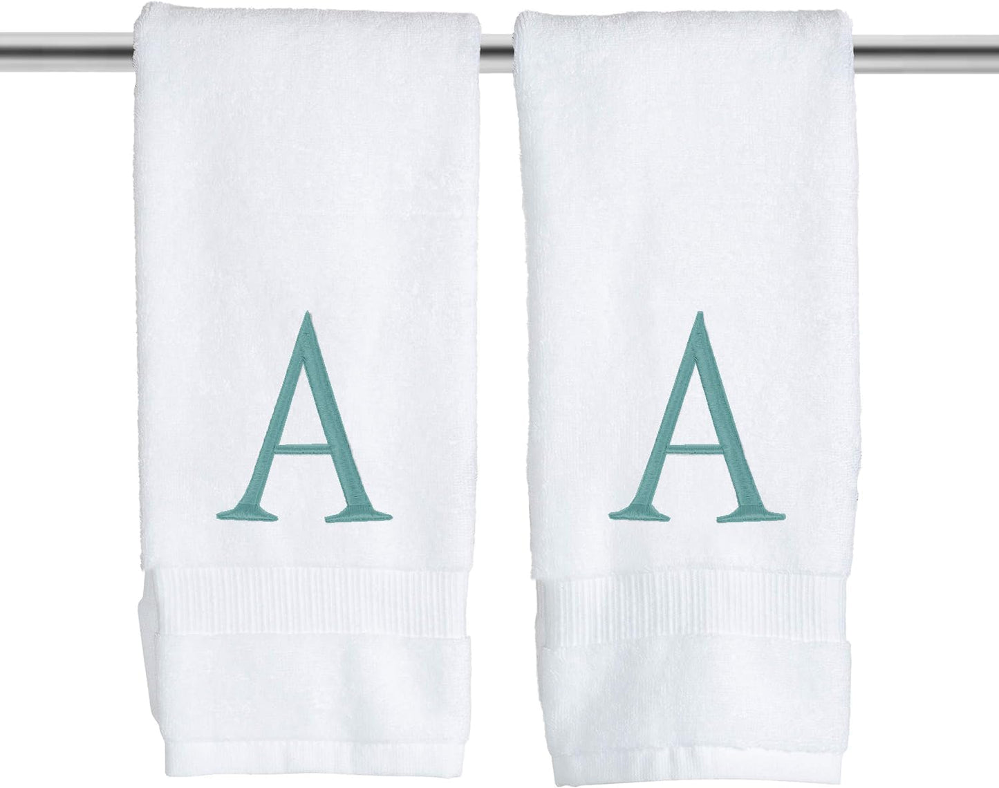 Teal Monogrammed Hand Towels for Bathroom - Teal and White Luxury Hotel Quality Personalized Initial Decorative Embroidered Towel for Powder Room, Spa - GOTS Organic Certified - Set of 2 Letter A