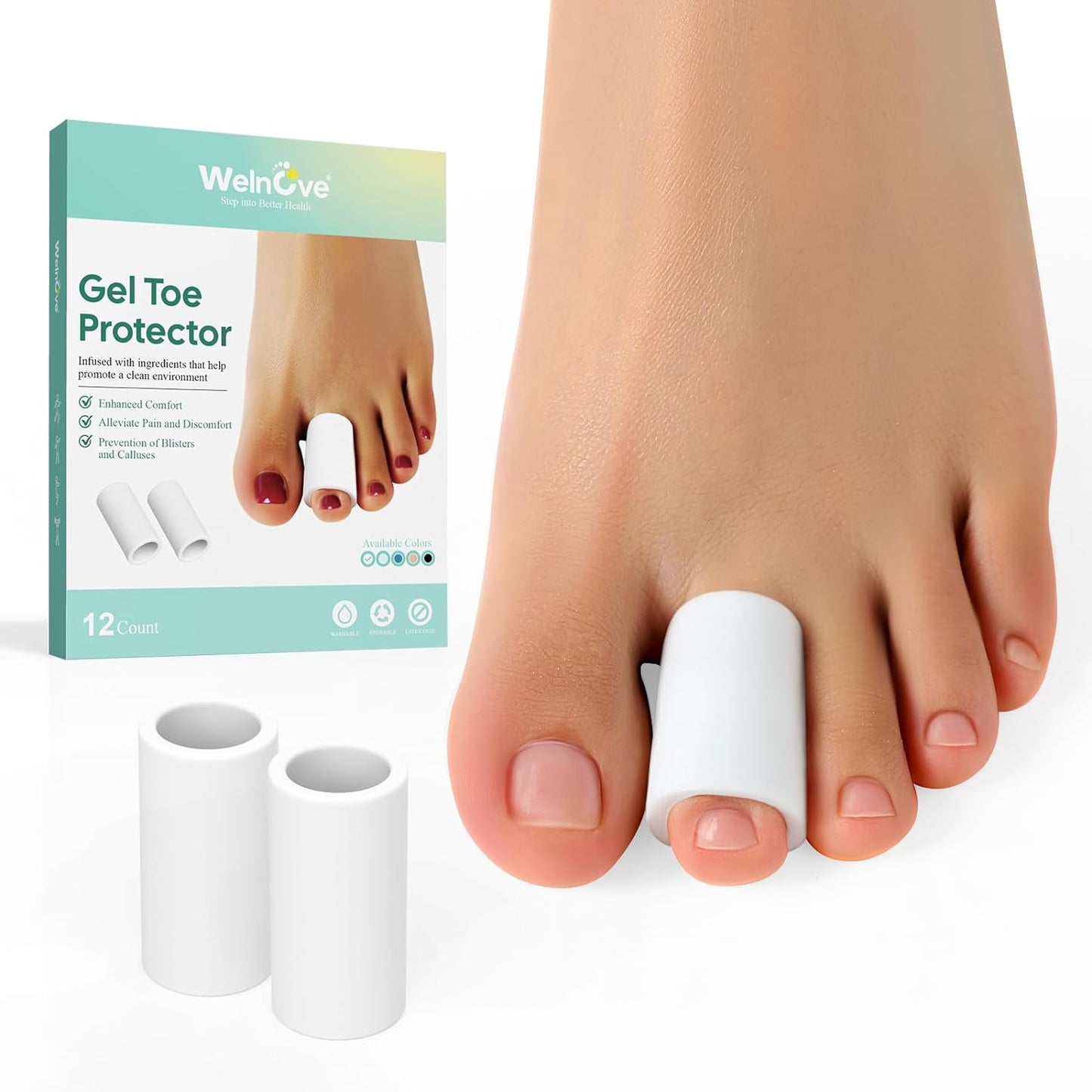 Welnove Toe Protectors – 12-Pack Silicone Toe Sleeve Toe Covers for Hammer Toes, Corns, Blisters, Toe Guards Sleeves and Toe Cushions for Pain Relief (Small)