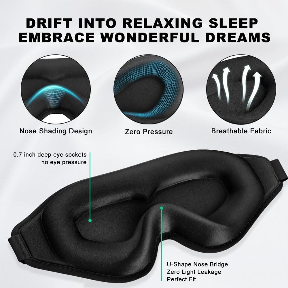 3D Sleep Mask for Side Sleepers, Blackout & Zero Pressure - Breathable Memory Foam, Lash Extensions Friendly - Adjustable for Travel, Yoga & Deep Sleep Black
