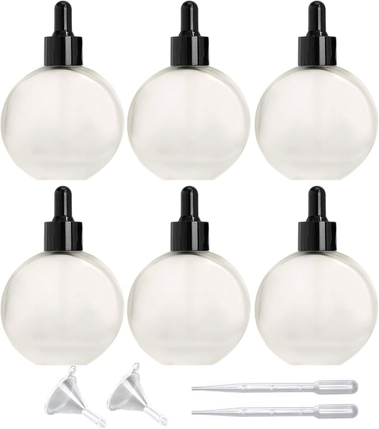 6Pcs,2 oz Frosted Glass Dropper Bottles for Essential Oils,60ml Flat Round Perfume Bottle,for Essential Oils, Perfumes,Serums - Leakproof for Travel (Clear Frosted)
