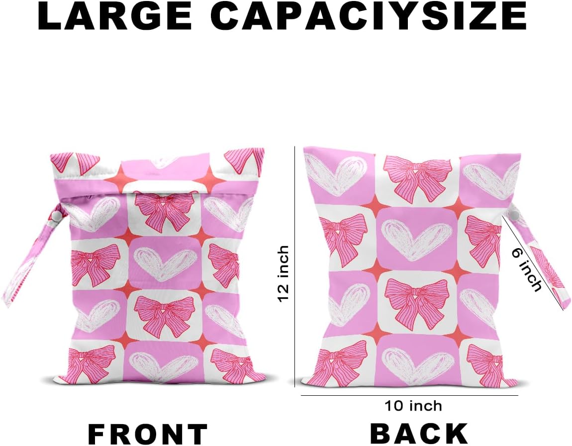 2Pcs Wet Bags, Wet Dry Bag Reusable for Swimsuit, Travel, Diapers, Beach, Dirty Yoga Gym Clothes, Toiletries, Makeup Bag, Waterproof Pink Bow Strawberry Print Birthday Christmas Gifts