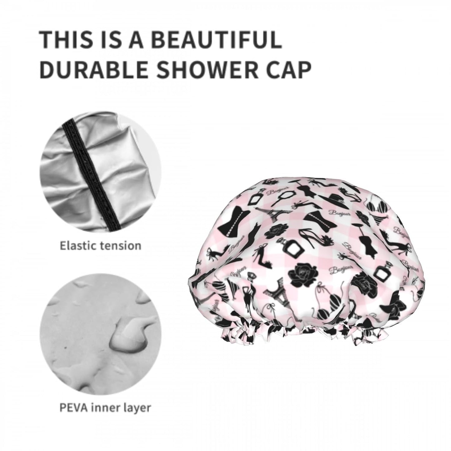 Fashion Pink Checkered Double Layer Waterproof Shower Cap for Women Reusable Bath Cap for All Long Hair Lengths Soft Bath Shower Hat