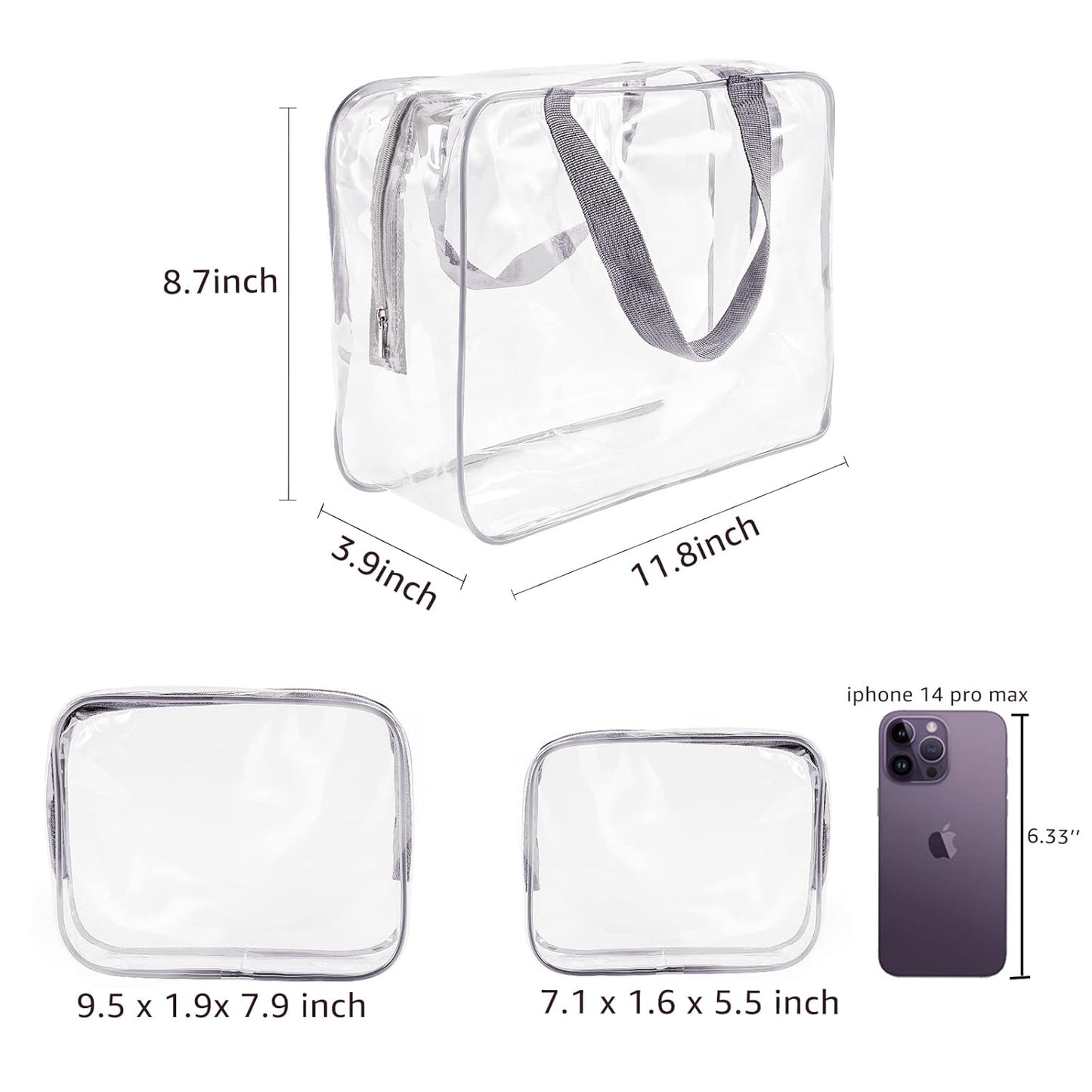 6Pcs Crystal Clear PVC Travel Toiletry Bag Kit for Women Men, Waterproof Vinyl Packing Organizer Storage Bags with Zipper Handle Straps, Cosmetic Pouch Carry on Airport Airline Compliant Bag Handbag
