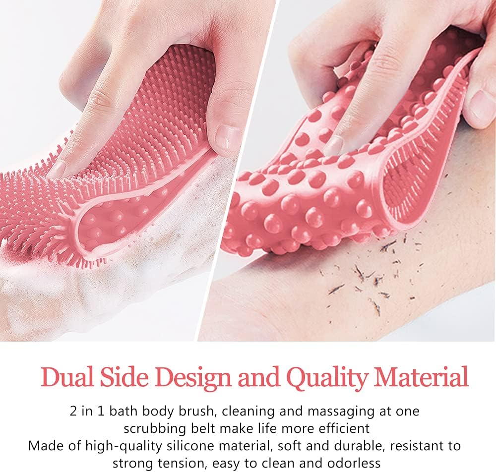 Inmorven Exfoliating Back Scrubber for Shower with Handles, 30 Inch Double-Sided Back Exfoliator Body Scrub Towel, Exfoliating Washcloth Bath Tool for use in Shower, Clean Skin for Men & Women (Pink)