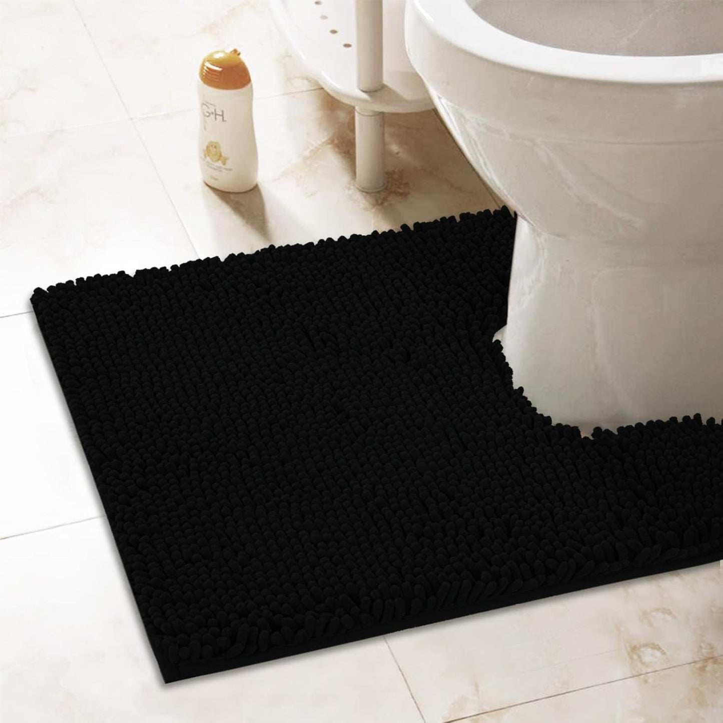 ITSOFT Non-Slip Shaggy Chenille Toilet Contour Bathroom Rug with Water Absorbent, 24 x 21 Inches U-Shaped Black