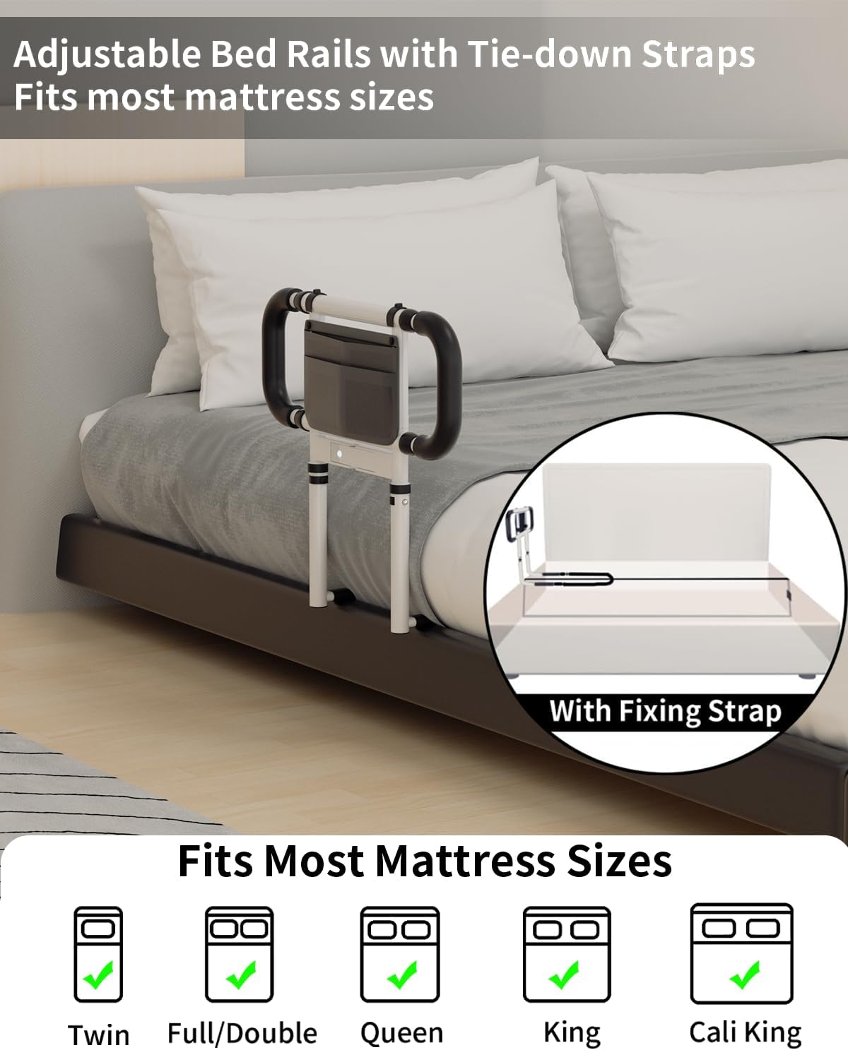 Bed Rails for Elderly Adults Safety: Elderly Assistance Products with Adjustable Double Grips, Storage Pocket, Motion Sensor Light, Items for Elderly Bed Rail, Can Withstand 300lb(White)