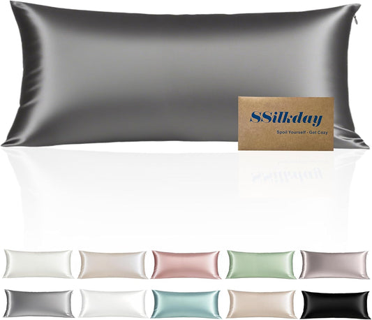 Mulberry Silk Body Pillow Pillowcase with Zipper, Ultra Smooth Soft Breathable Cooling Pillow Cases for Hot Sleepers, Silk Satin Body Pillow Cover for Hair and Skin (Dark Grey, 20×54 Inches, 1 Pack)