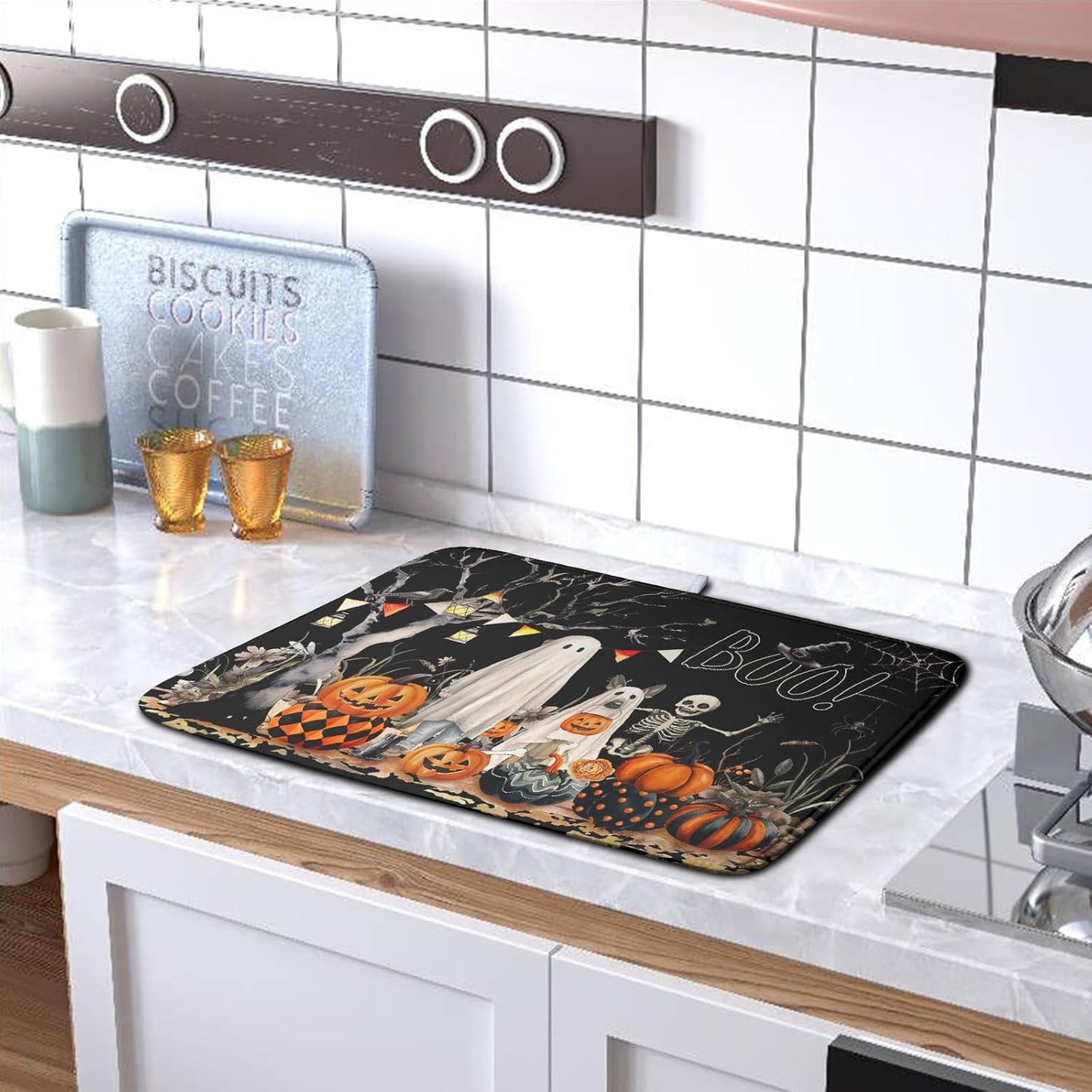 Halloween Dish Drying Mat for Kitchen Counter 16x18 Inch Black Ghost Pumpkins Dog Boo Skull Dishes Drainer Mats Absorbent Microfiber Washable Dish Draining Pad for Sink Coffee Bar