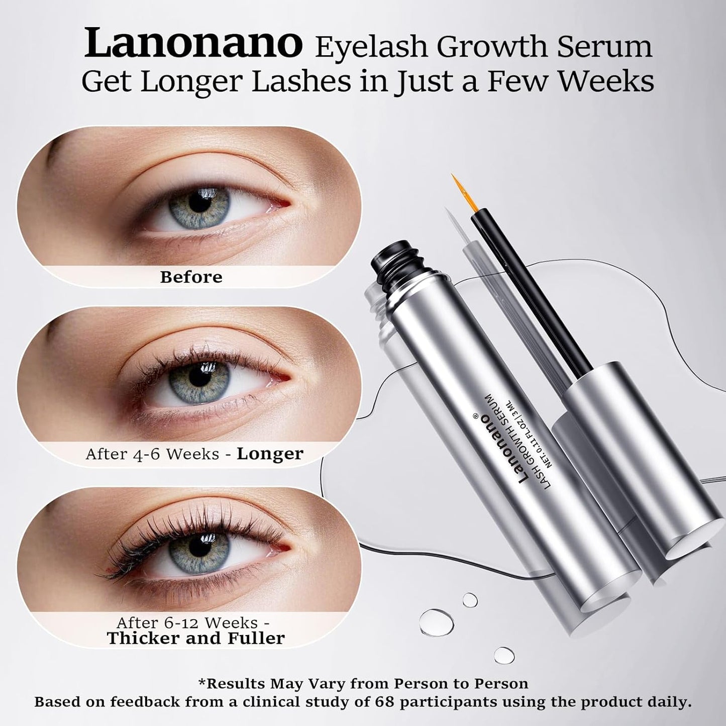 Lash Serum, Eyelash Growth Serum for Longer & Thicker Lashes, Eyelash Rapid Growth, Vegan & Cruelty-Free, 0.1 Fl Oz (3ml)