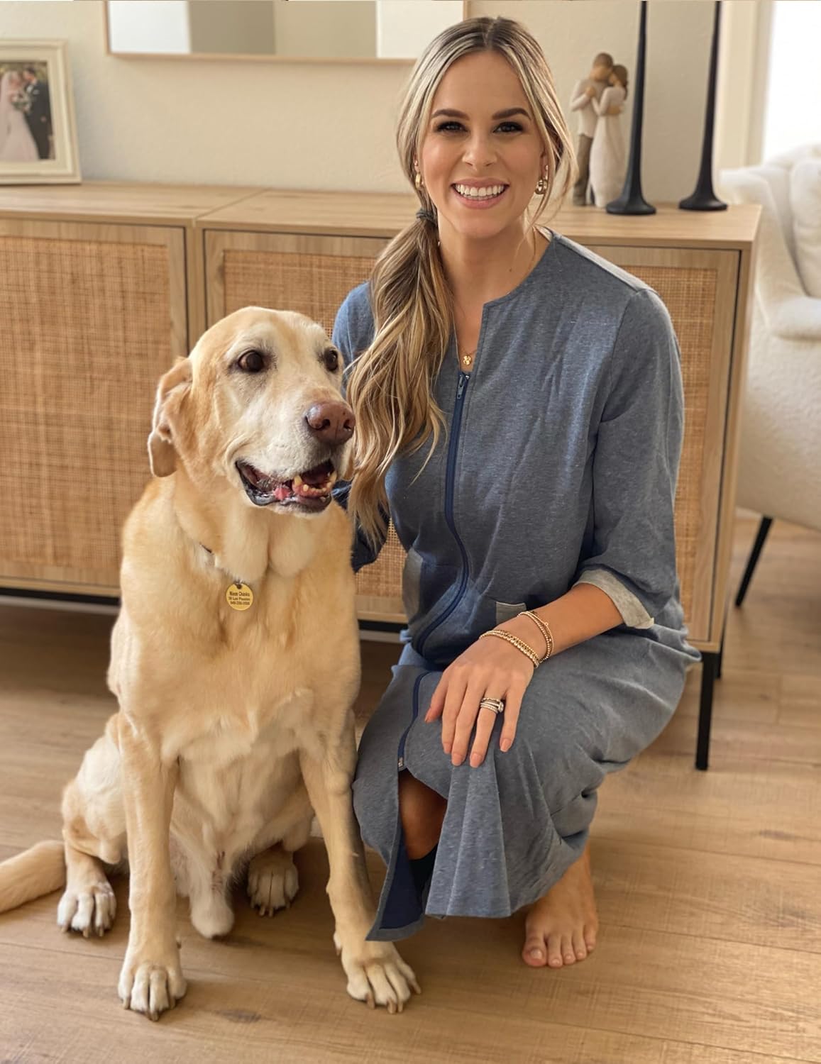 Ekouaer Women Zipper Robe 3/4 Sleeves Loungewear Dress Full Length Sleepwear Pockets Housecoat Nightgown Long Bathrobe