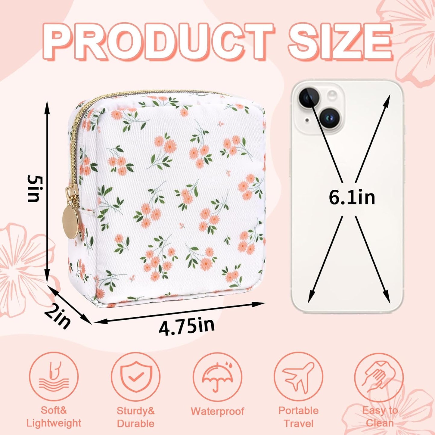 Waterproof Mini Floral Makeup Bag Pouch for Purse,Nylon Flower Cosmetic Travel Bag Small Preppy Toiletry Organizers Bag for Women Girl,Cute Zipper Pouch Coin Purse for Work(Mini White-Flowers)