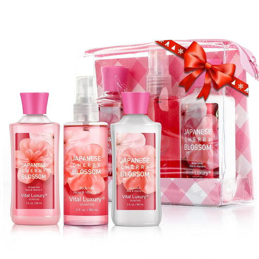 Bath & Body Care Travel Set - Home Spa Set with Body Lotion, Shower Gel and Fragrance Mist, Personal Body Care Travel Set for Birthday Christmas New Year Gifts(Japanese Cherry Blossom)