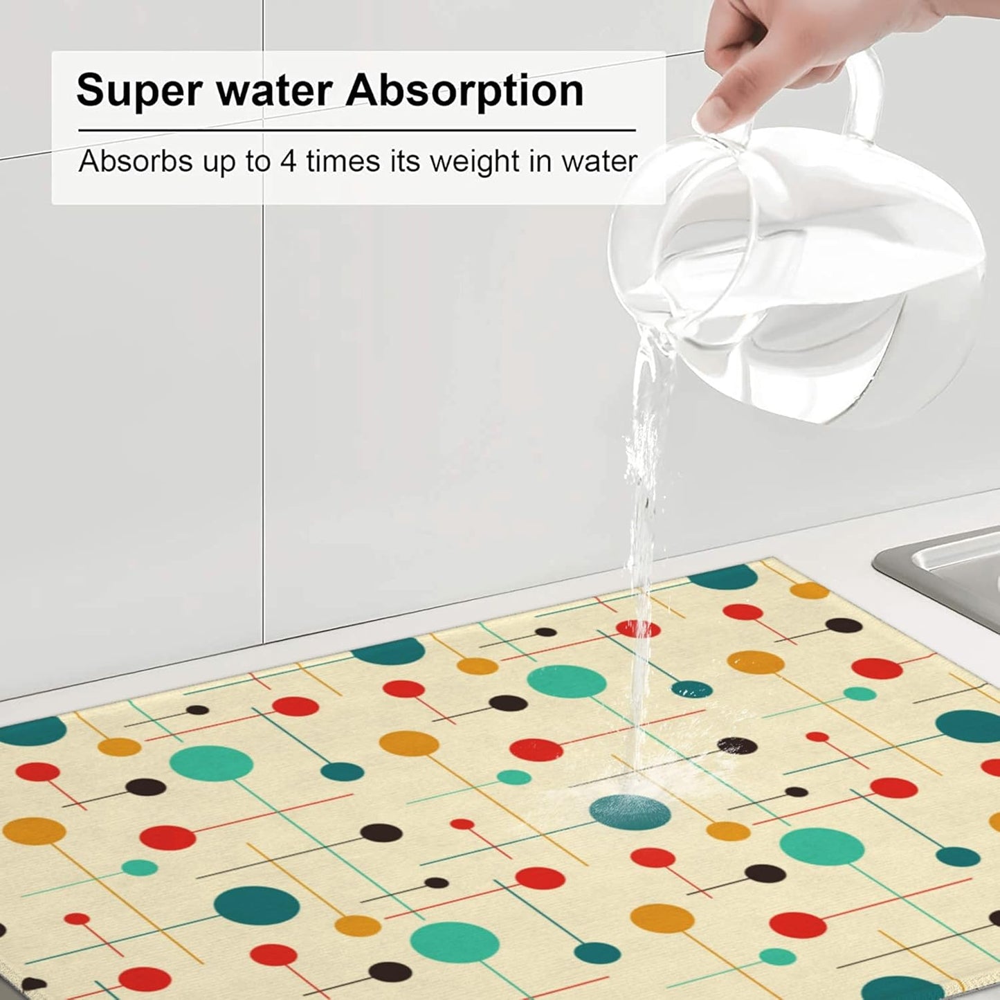 Mid Century Modern Atomic Retro Dish Drying Mat for Kitchen Counter Yellow Drying Pad 18x24 Inch Absorbent Reversible Dish Drainer Rack Mats