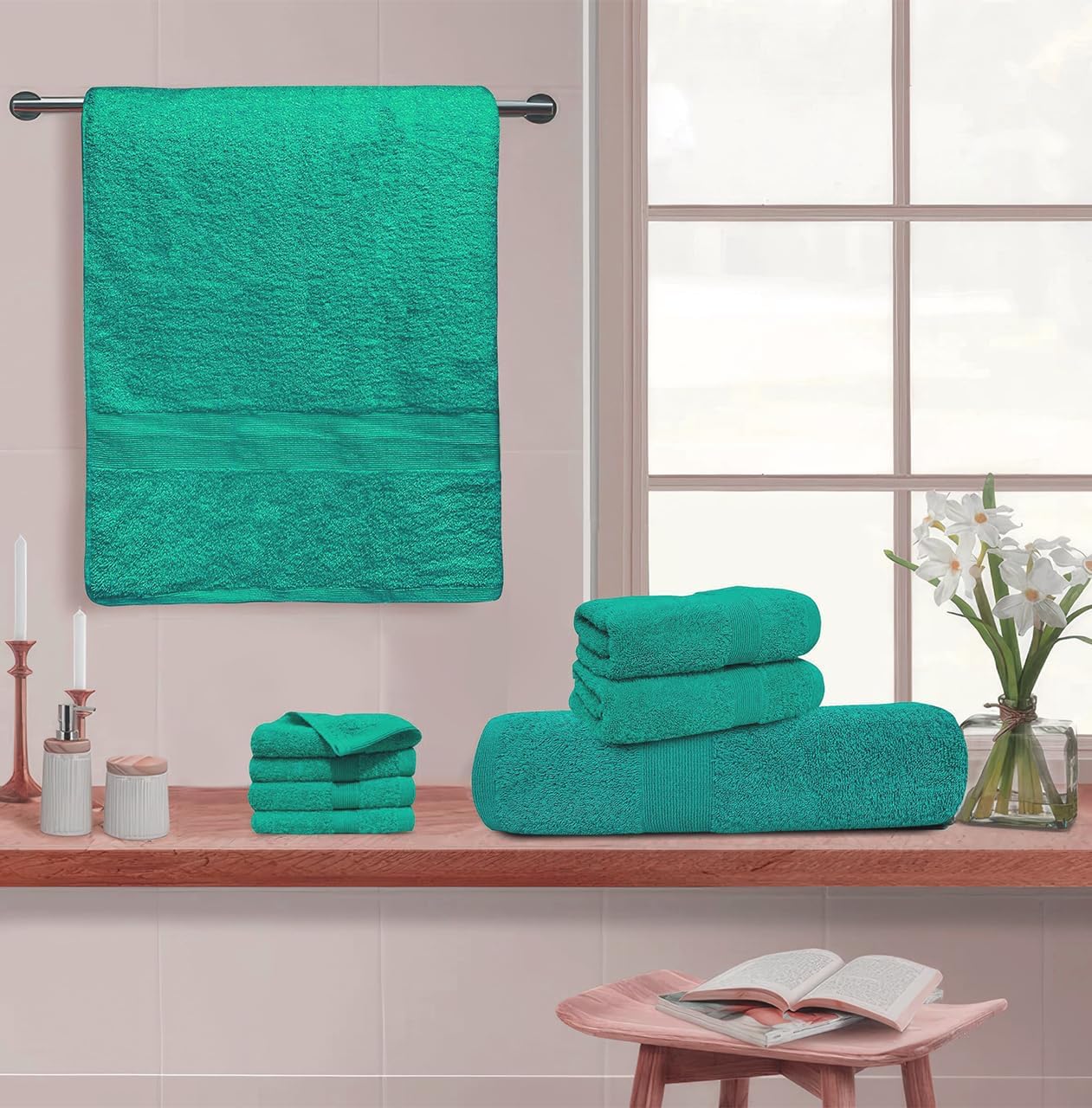 Softolle Luxury 8 Piece Towel Set, 2 Bath Towels 2 Hand Towels 4 Washcloths, Towels for Bathroom, Home, Spa & Gym - Highly Absorbent (Turquoise)