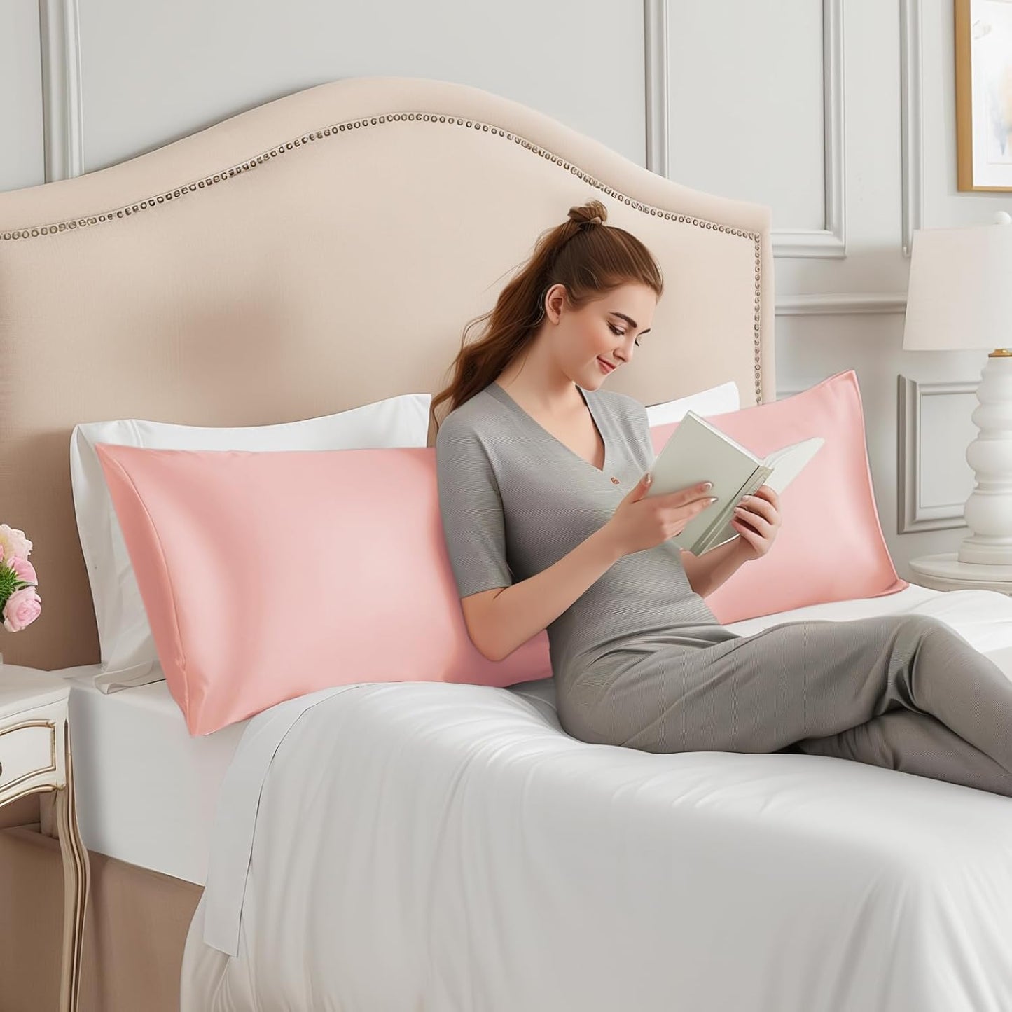 INFIIXSO Body Pillow Cover with Zipper, Luxury Mulberry Silk Body Pillow Case 20x54 Inches, Ultra Smooth and Soft Cooling Long Pillowcase, Gift for Women, Men(Coral)