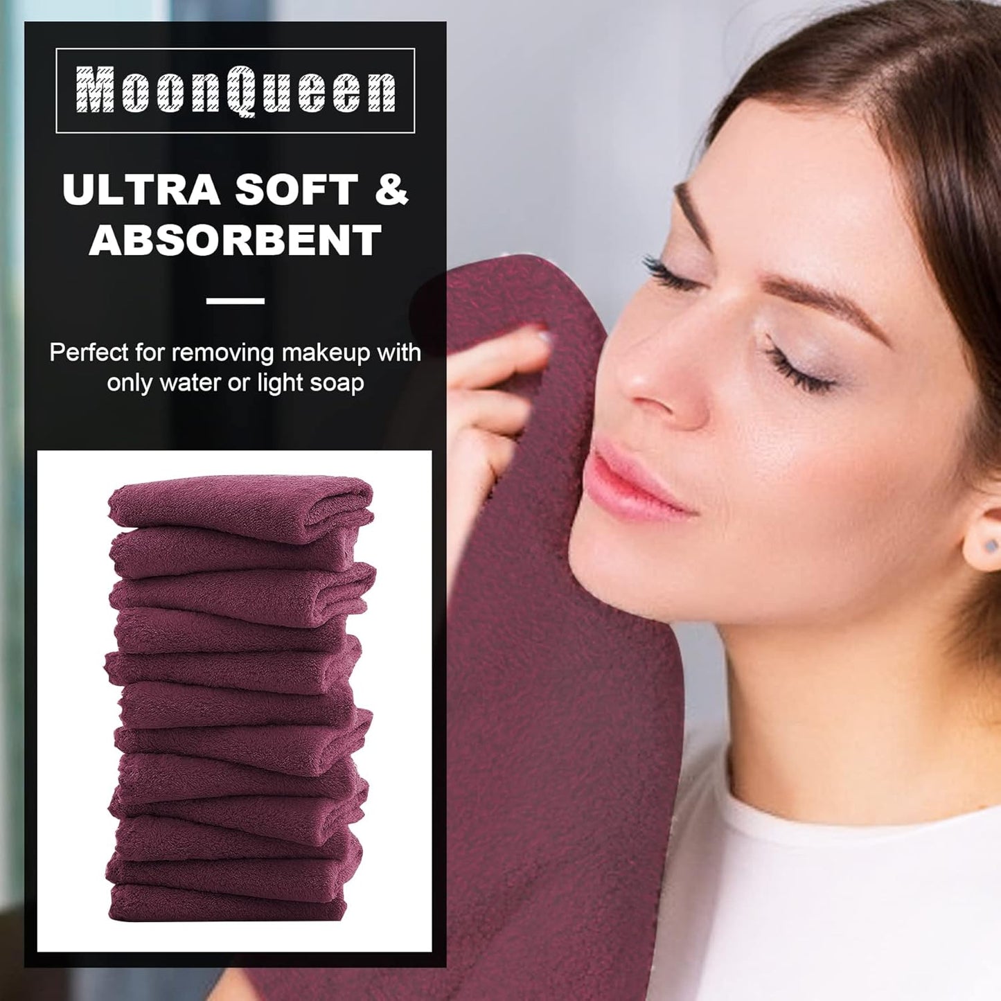 MOONQUEEN Microfiber Facial Cloths Fast Drying Washcloth 12 Pack - Premium Soft Makeup Remover Cloths - Burgundy