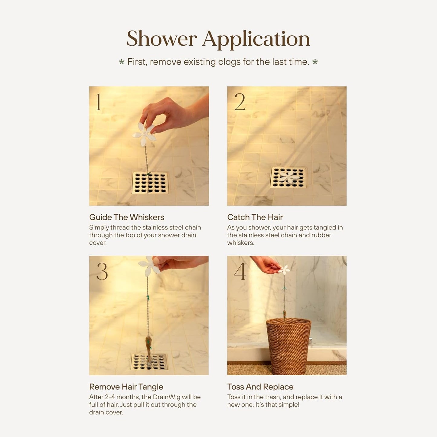 DrainWig Shower Drain Hair Catcher – Disposable White Flower (12-Pack) – No-Touch Hair Removal for Flat Shower Drains – As Seen on Shark Tank