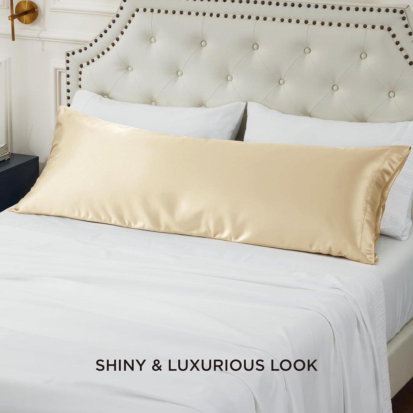 Bedsure Body Pillow Cover 20x54 Inches - Champagne Satin Similar to Silk Pillowcase for Hair and Skin, Cooling and Silky Long Body Pillow Pillowcase with Envelope Closure, Gifts for Women Men