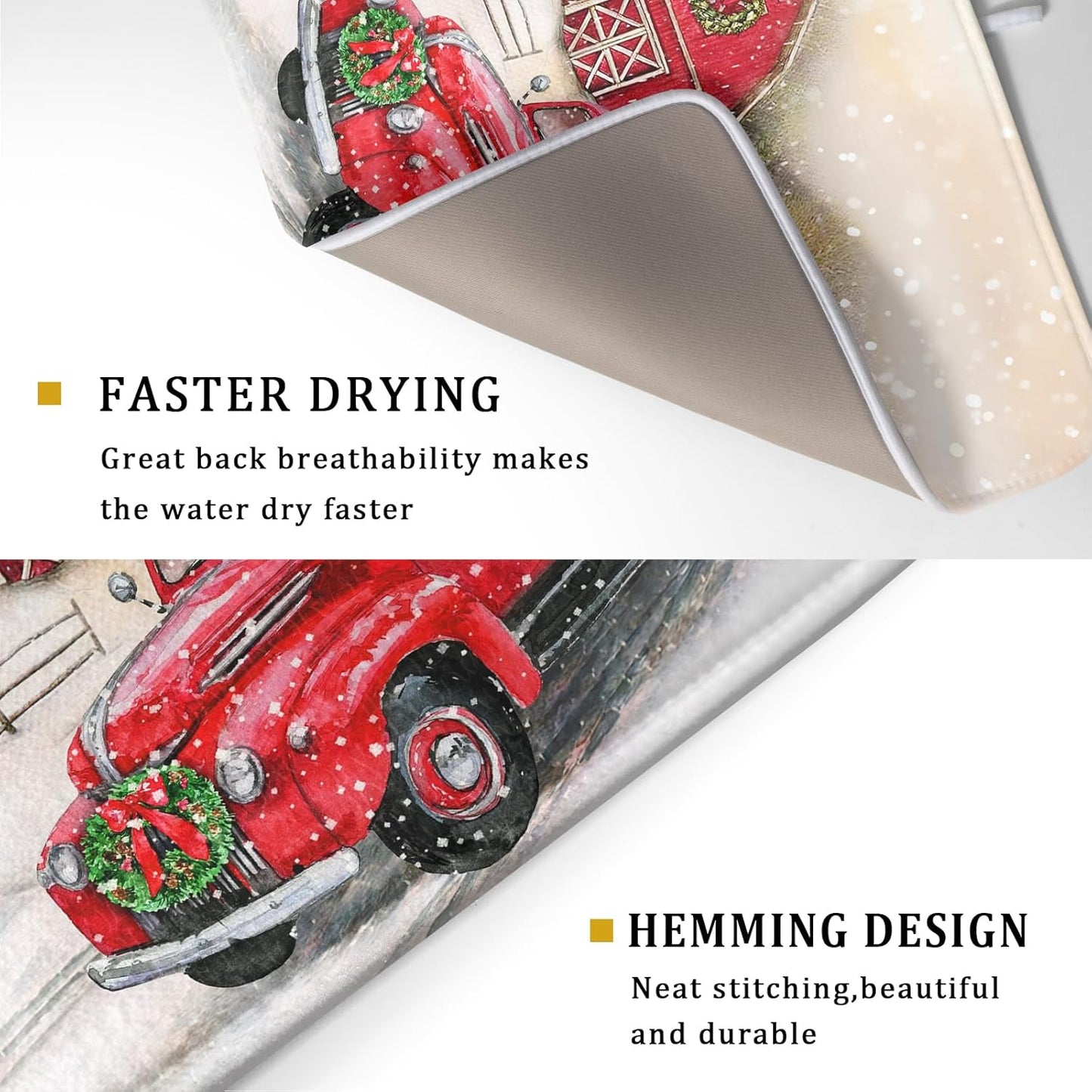 Red Truck Dish Drying Mat Xmas Tree Dish Drainer Rack Mat Winter Microfiber Absorbent Drying Pad for Home Kitchen Counter Decor 18x24 Inch