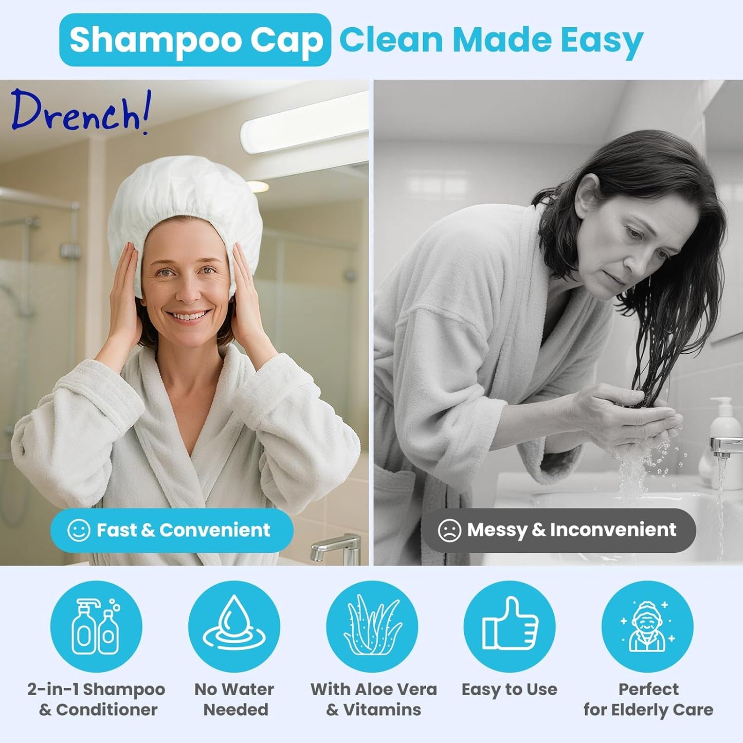 Drench Shampoo Caps No Rinse - Waterless Shampoo Cap and Conditioner - Dry Hair Wash Caps for Elderly or Bedridden - Contains Aloe Vera, Vitamin E and Provitamin B5-6 Counts
