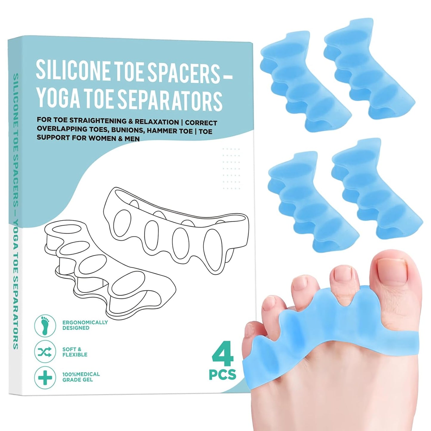 4 Pcs Silicone Toe Spacers – Yoga Toe Separators for Toe Straightening & Relaxation | Correct Overlapping Toes, Bunions, Hammer Toe | Toe Support toe separators for Women & Men (Blue, 3.98)