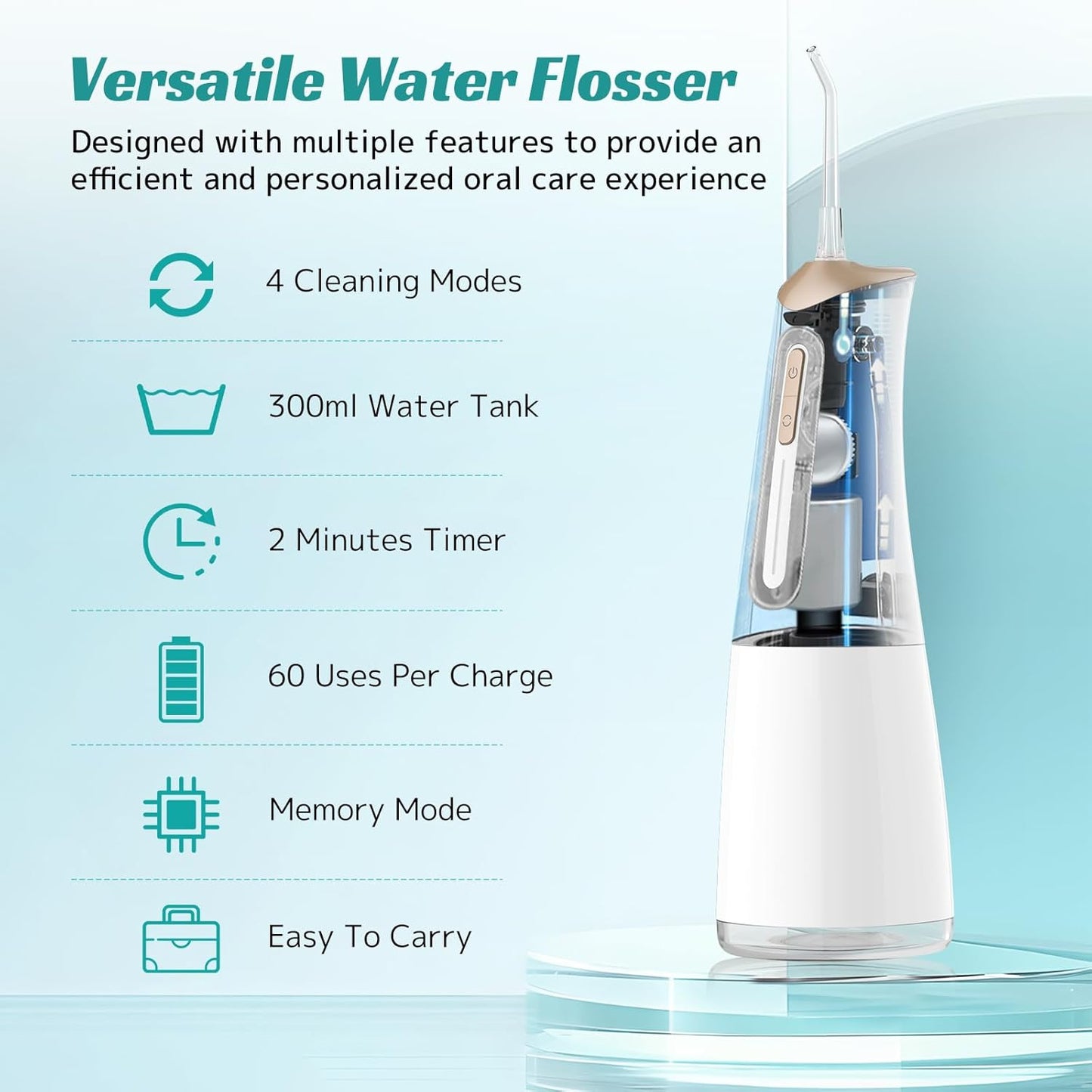 Water Dental Flosser Cordless Oral Irrigator with 300ml 5 Tips 4 Modes USBCharger Portable Travle Irrigation Cleaner IPX7 Electric Irrigador Dental for Teeth Cleaning (White)