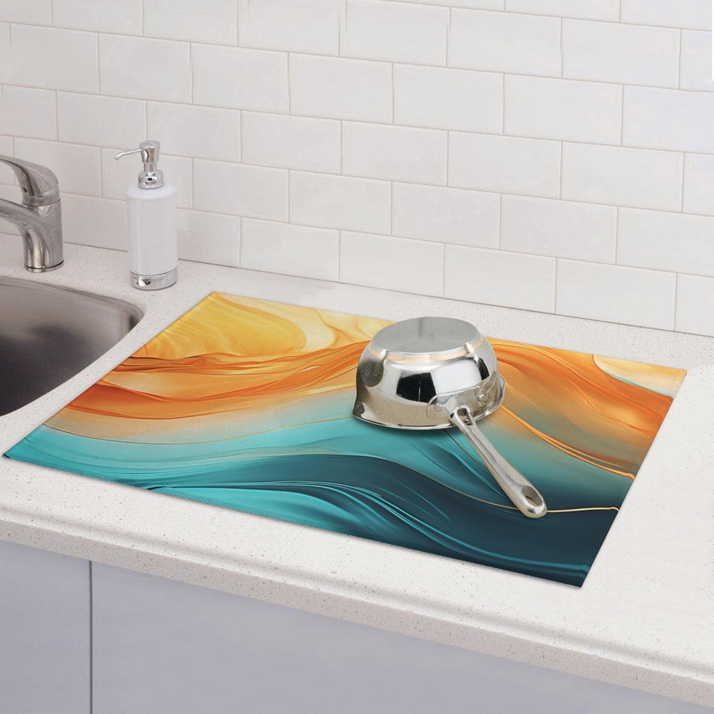 Orange Teal Marble Dish Drying Mat for Kitchen Decor Modern Dish Drainer Rack Mats Washable Absorbent Reversible Microfiber Drying Pad Kitchen Accessories 18"x24"