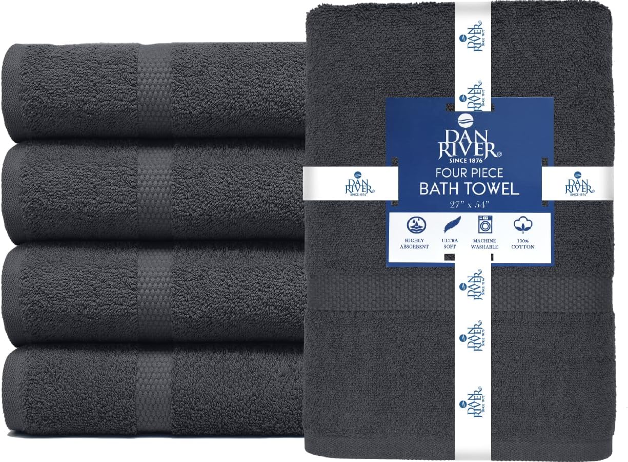 DAN RIVER Bath Towels Set of 4, 27 x 54 Inches, 100% Cotton, Larger & Lighter Weight, Quicker to Dry, Super Soft and Absorbent, Ideal Cotton Bath Towels for Daily Use, Dark Gray