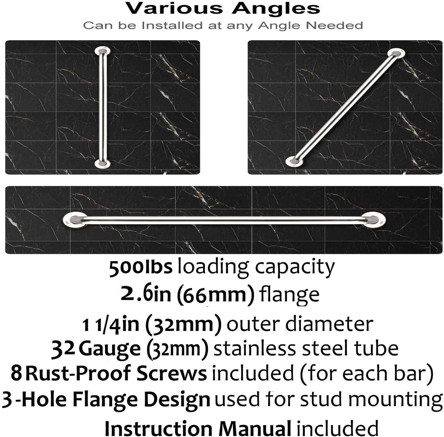 2 Pack 24 Inch Shower Grab Bar, iMomwee Chrome Stainless Steel Bathroom Grab Bar Handle, Bathroom Shower Balance Bar,Safety Hand Rail Support,Handicap Elderly Senior Assist Bath Handle(1.25" Diameter)