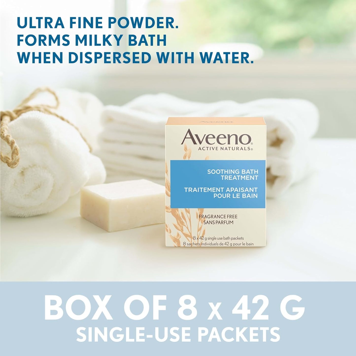 Aveeno Fragrance-Free Soothing Bath Treatment & Soak for Soothing Relief, 100% Natural Colloidal Oatmeal, Relieves Itchy, Irritated Skin Due to Eczema, 8 Single-Use Bath Packets