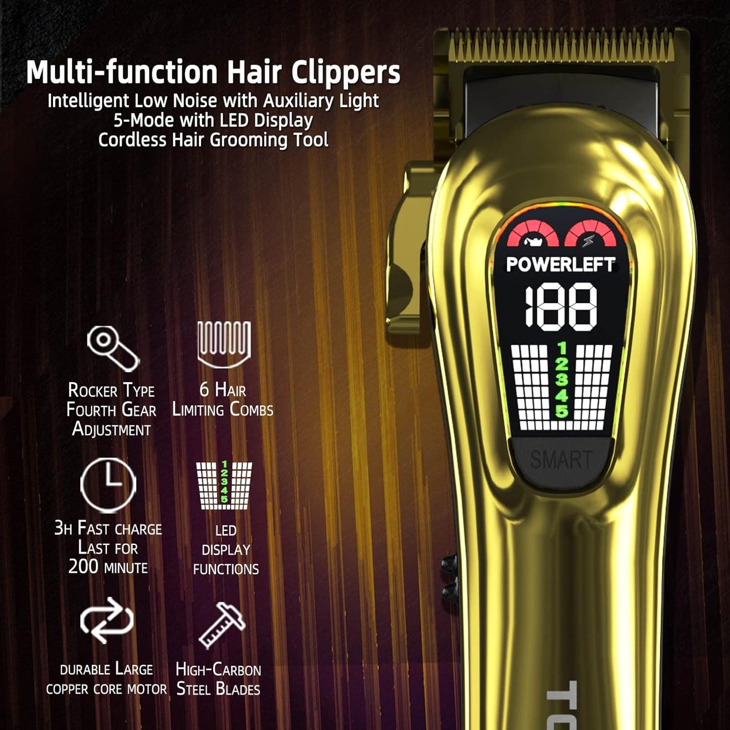 Hair Clippers for Men Professional Hair Trimmer for Men Cordless&Corded Barber Clippers for Hair Cutting & Grooming.Rechargeable Hair Trimmer Kit for Household (Golden)