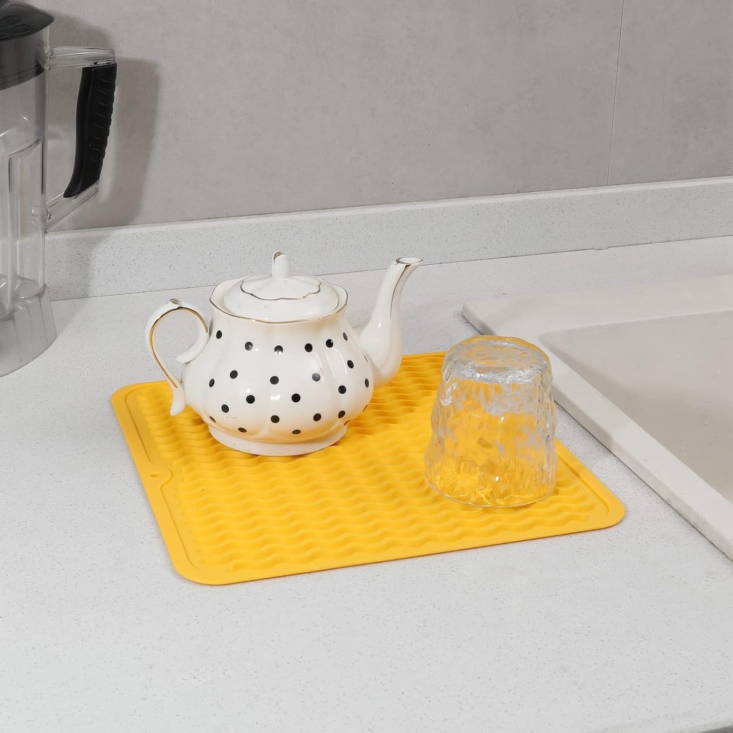 Silicone Dish Drying Mat for Multiple Usage,Easy clean,Eco-friendly,Heat-resistant Silicone Mat for Kitchen Counter or Sink,Refrigerator or Drawer liner Yellow M 12 inches x 12 inches