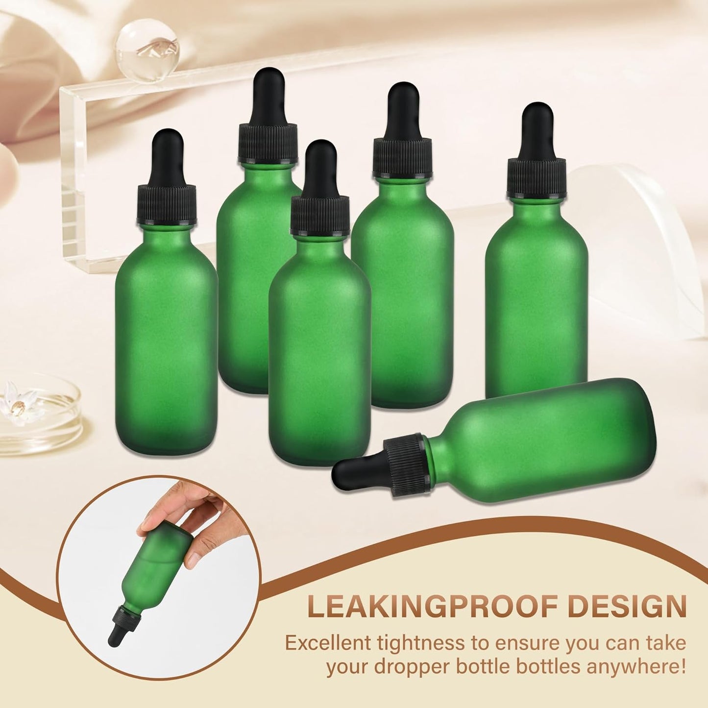 6 Pcs, 2oz Dropper Bottle, Green Glass Eye Dropper Bottle, Tincture Bottles with Dropper, Pretty Finish, Leak-Proof Design, Stronger Suction for All Kinds of Mixed Liquids