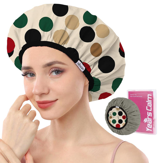 Years calm Luxury Shower Caps for Women Reusable Waterproof – Polka Dot Double Layer Bath Cap with Adjustable Elastic for Braids & Long Hair, Comfortable & Stylish, Versatile Use (Beige)