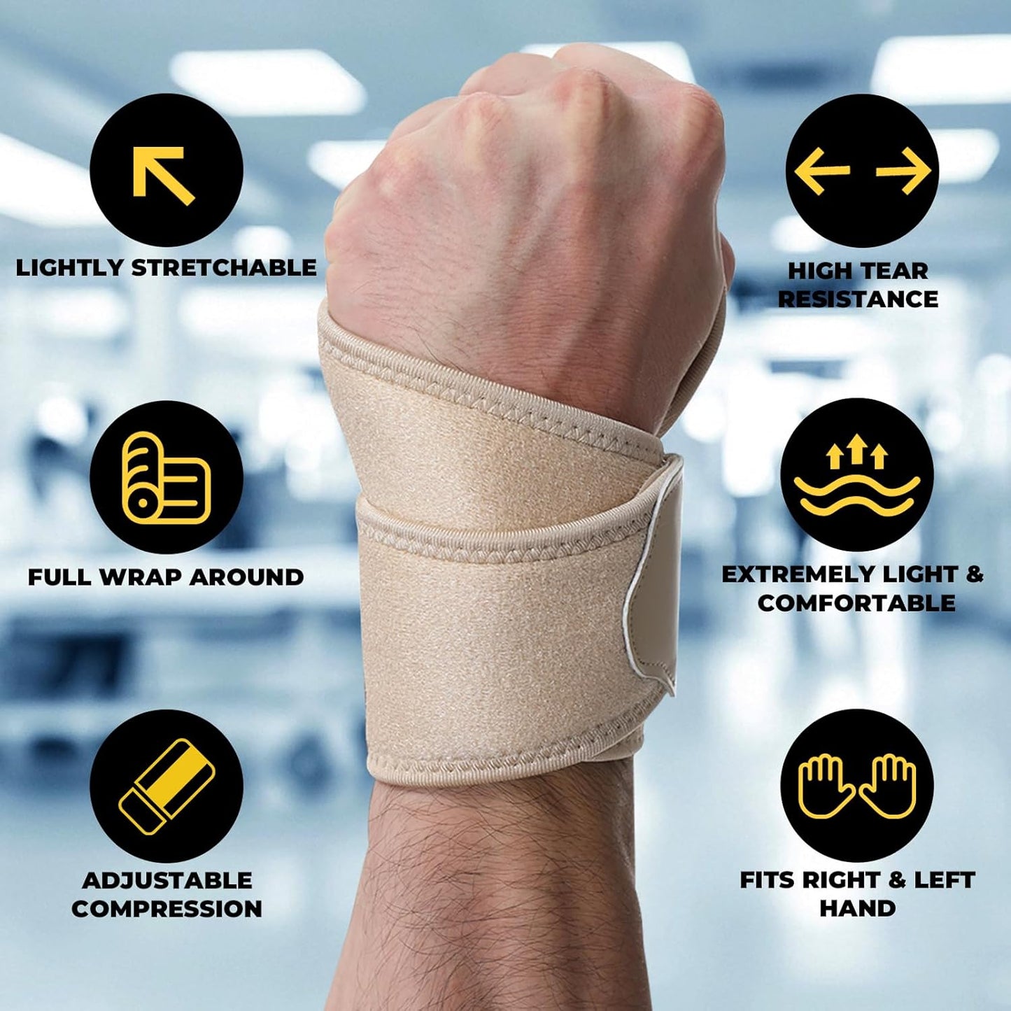 NeoTech Care Wrist Band - Elastic & Breathable Fabric - Adjustable Compression Strap - Men, Women, Right or Left - Support Wrap for Protection or Sports (Beige Color, Size S, 1 Unit)