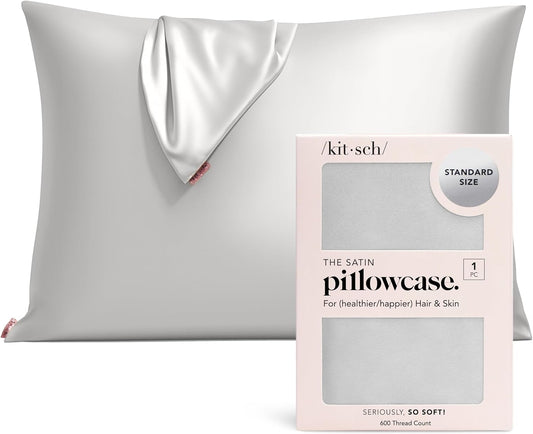 Kitsch Satin Pillowcase with Zipper for Hair & Skin, Softer Than Silk Pillow Cases Queen, Wrinkle-Free, Smooth and Cooling Satin Pillow Covers, Standard Size 19"x26", Silver