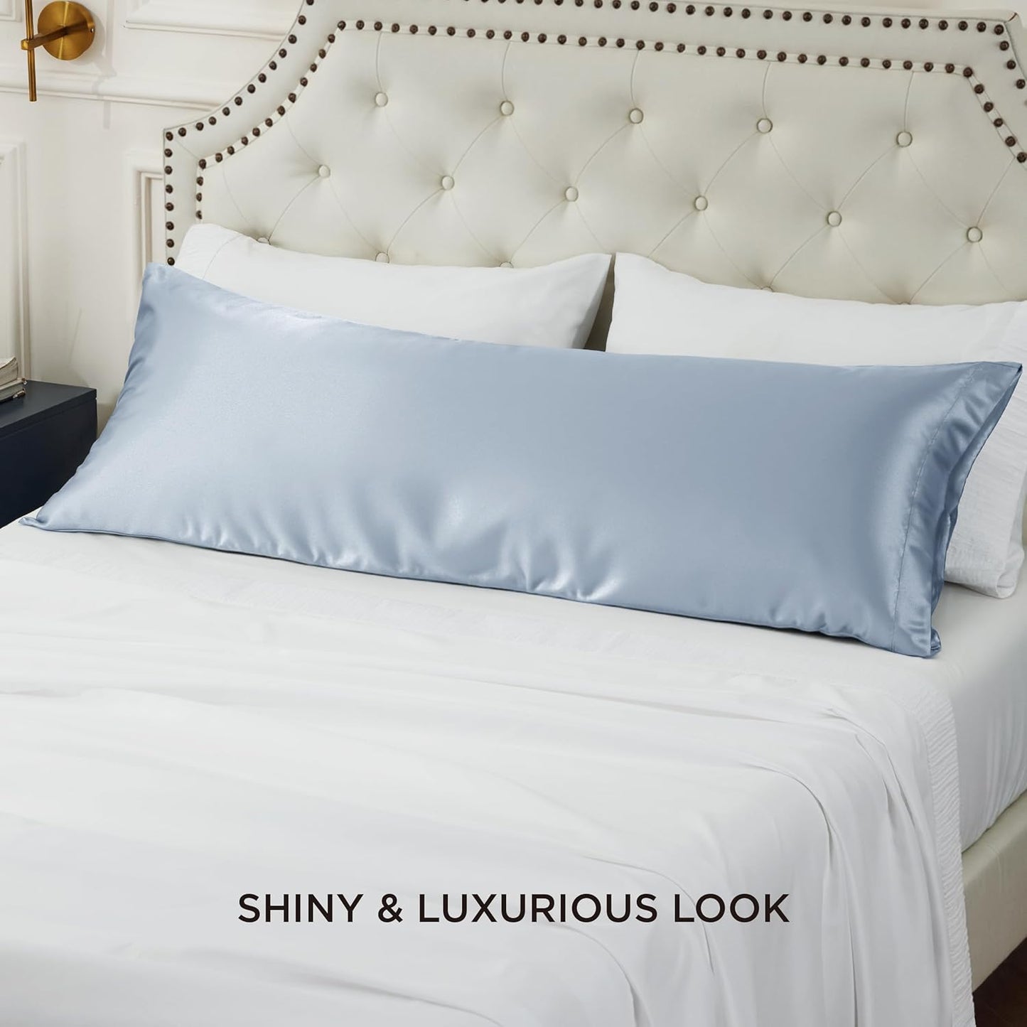 Bedsure Body Pillow Cover 20x54 Inches - Stone Blue Satin Similar to Silk Pillowcase for Hair and Skin, Cooling and Silky Long Body Pillow Pillowcase with Envelope Closure, Gifts for Women Men