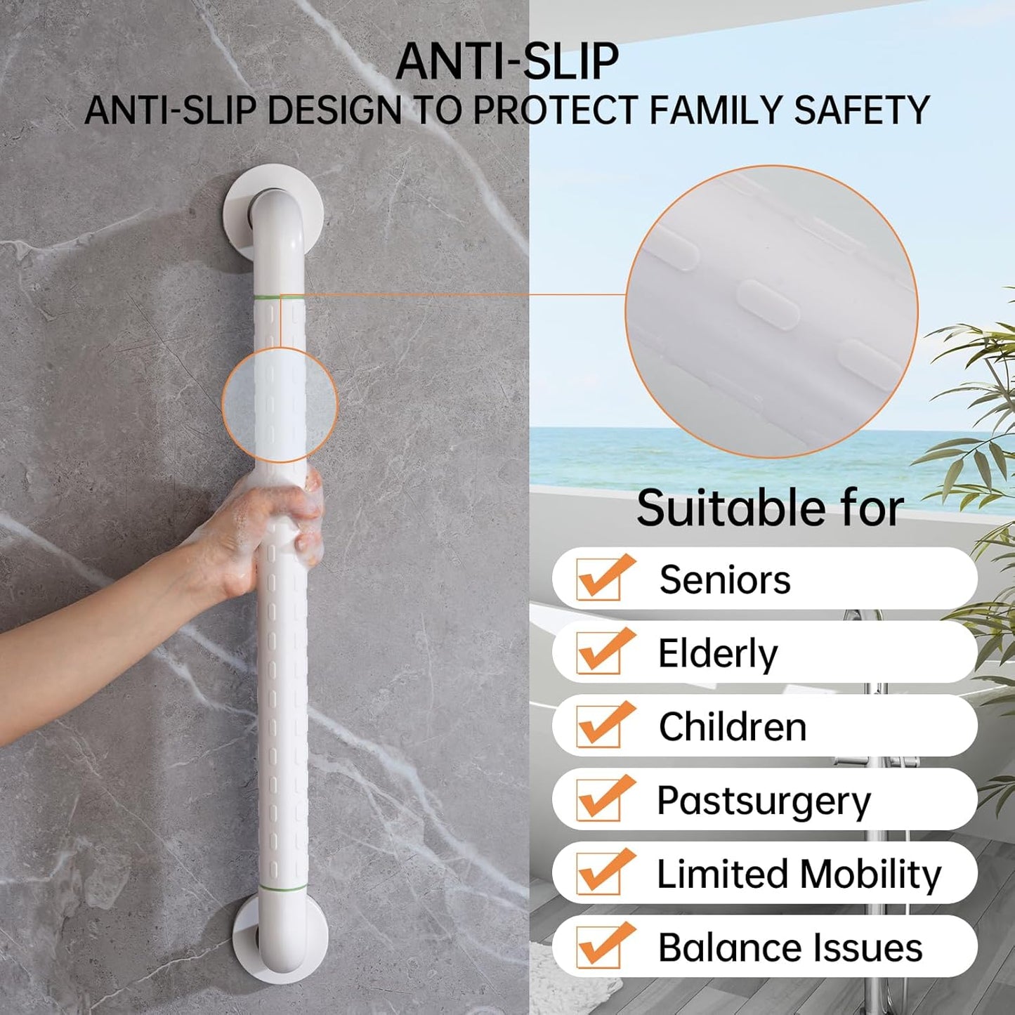 Joyrain 16-inch Bathroom Safety Grab Bar - 500lb Weight Capacity ADA Certified Anti-Slip Handle for Shower/Tub/Toilet, Elderly & Disabled Assist (White（2-Pack）, 16 inches (Overall Length 400mm))