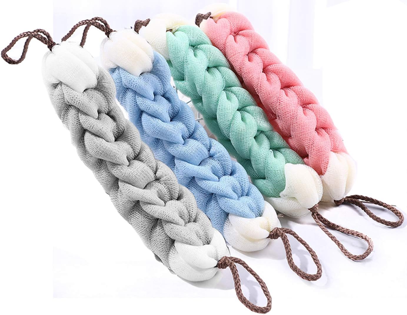AARainbow 4 Packs Long Stretch Back Sponge with Rope Handles Back Scrubber Body Sponges for Bathing, Bath Shower Mesh Sponge Body Deep Cleaning for Men & Women (Blue+Grey+Green+Pink)