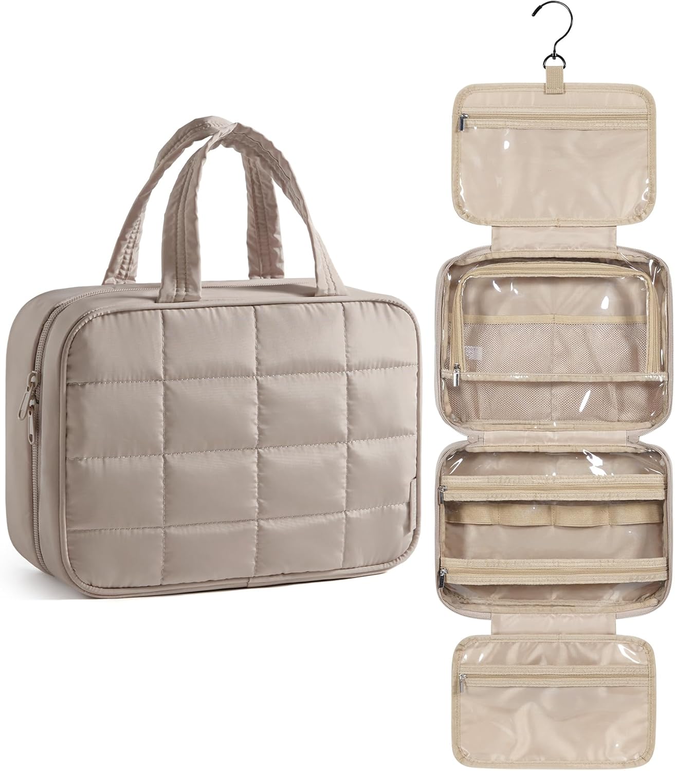 BAGSMART Travel Toiletry Bag for Womne, Hanging Travel Bag for Toiletries, Puffy Makeup Cosmetic Bag Organizer, Carry-on Travel Accessories Essentials, Camel
