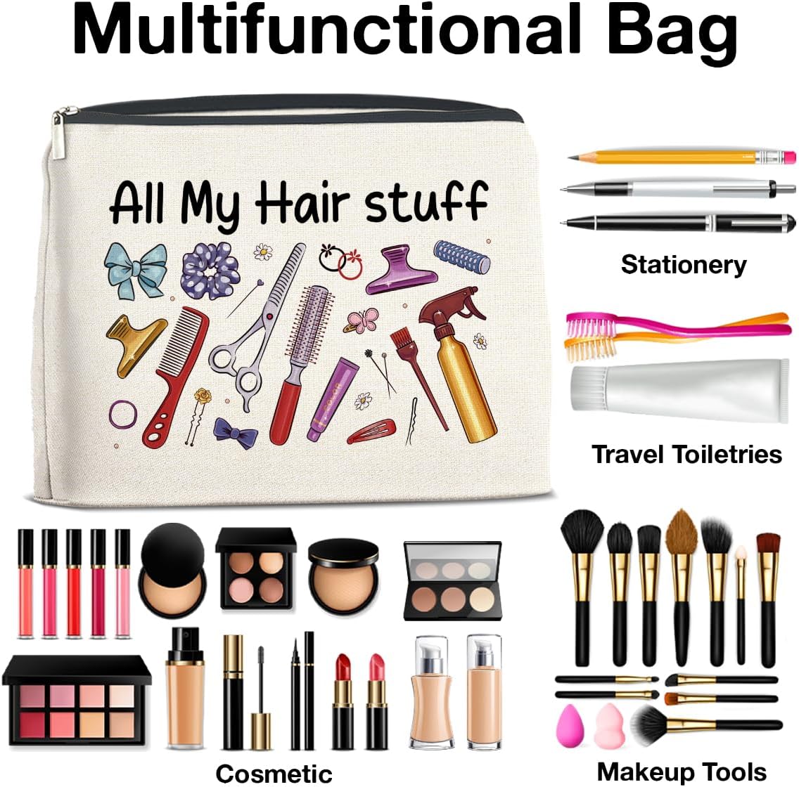 Hairstylist Gifts Makeup Bag Gifts for Women, Gift for Hairdresser Hair Stylist All My Hair Stuff Cosmetic Bag Zipper Makeup Pouch